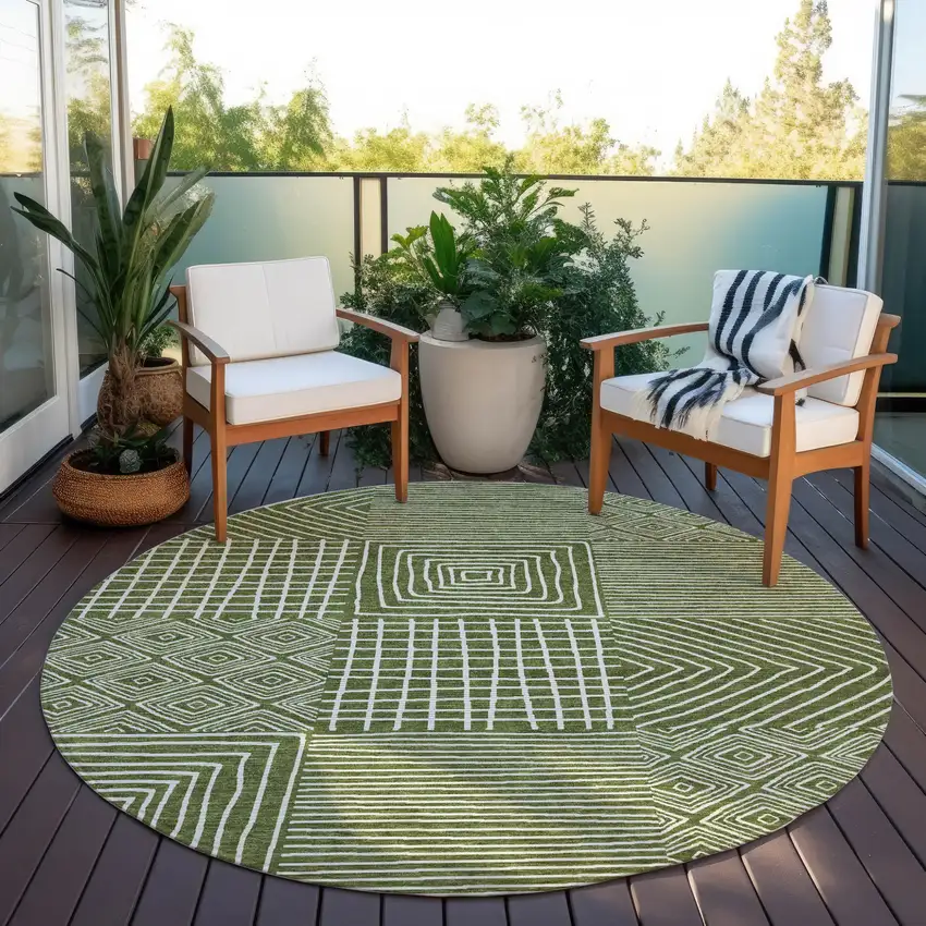 8' Olive Green And Ivory Round Geometric Washable Indoor Outdoor Area Rug Photo 8