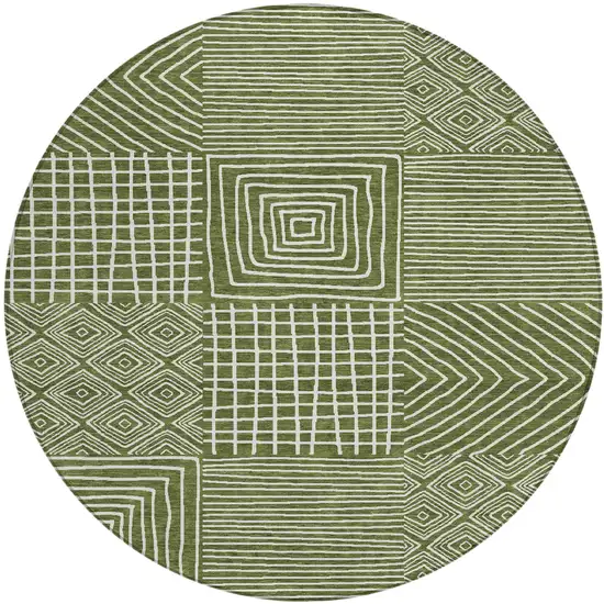 8' Olive Green And Ivory Round Geometric Washable Indoor Outdoor Area Rug Photo 2