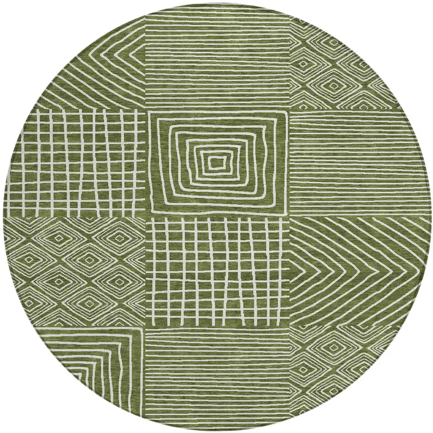 8' Olive Green And Ivory Round Geometric Washable Indoor Outdoor Area Rug Photo 2