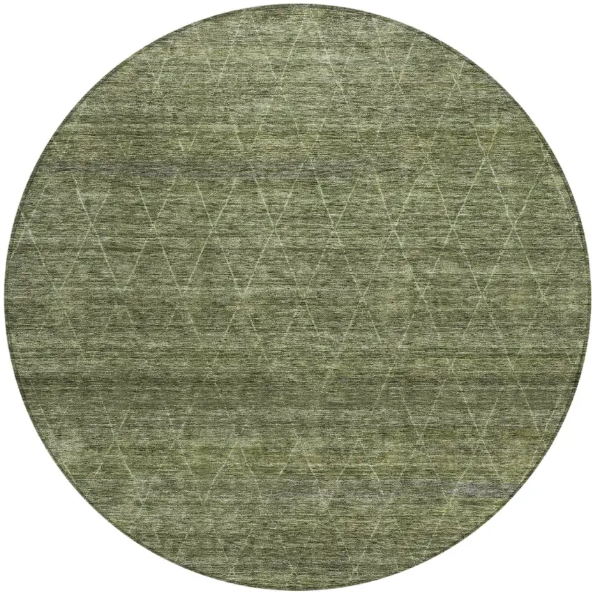 8' Olive Green And Ivory Round Geometric Washable Indoor Outdoor Area Rug Photo 2