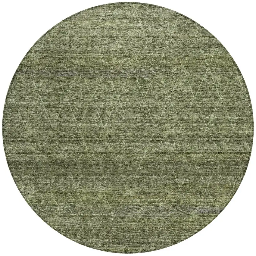 8' Olive Green And Ivory Round Geometric Washable Indoor Outdoor Area Rug Photo 5