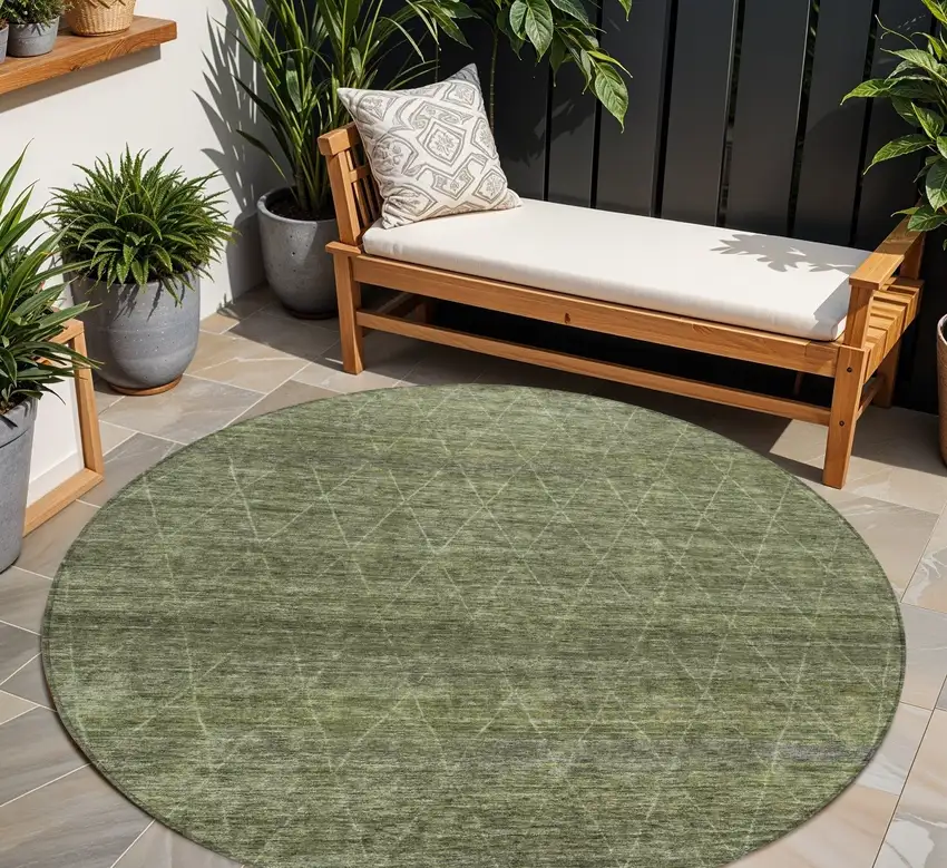 8' Olive Green And Ivory Round Geometric Washable Indoor Outdoor Area Rug Photo 1