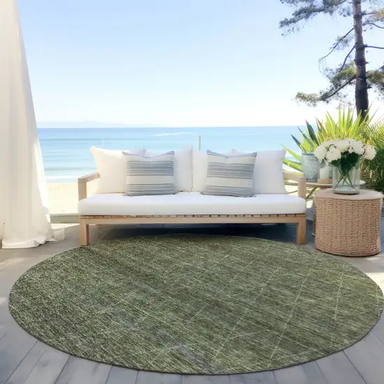 8' Olive Green And Ivory Round Geometric Washable Indoor Outdoor Area Rug Photo 6