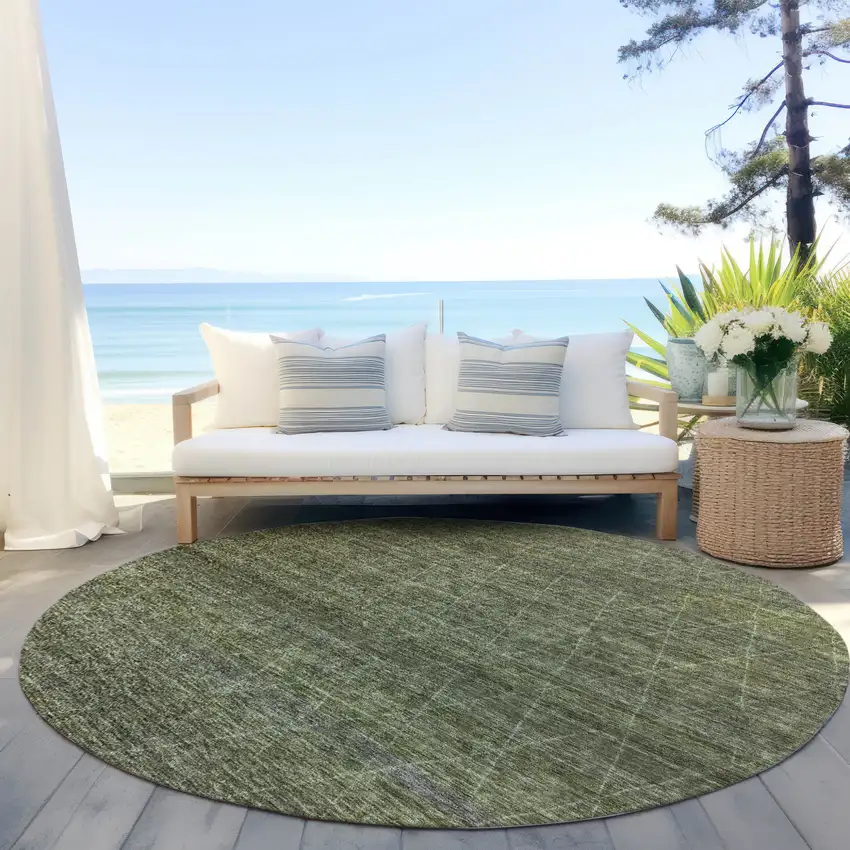 8' Olive Green And Ivory Round Geometric Washable Indoor Outdoor Area Rug Photo 6