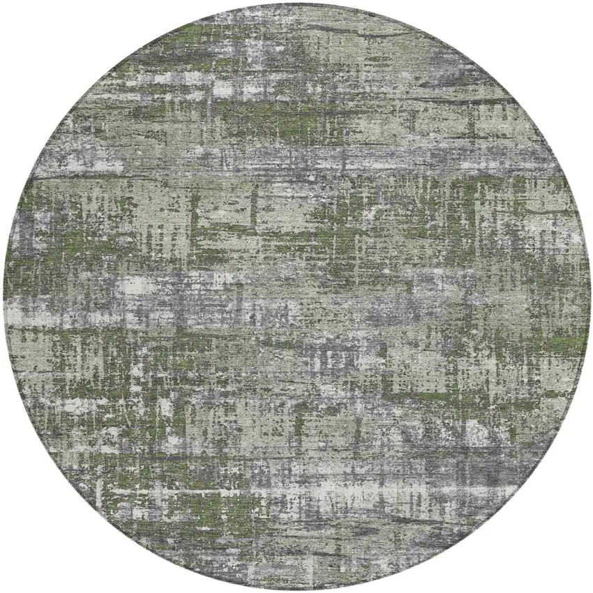 8' Olive Green And Ivory Round Geometric Washable Indoor Outdoor Area Rug Photo 1