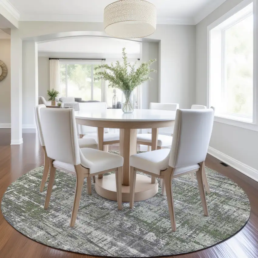 8' Olive Green And Ivory Round Geometric Washable Indoor Outdoor Area Rug Photo 6