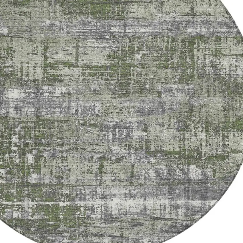 8' Olive Green And Ivory Round Geometric Washable Indoor Outdoor Area Rug Photo 4