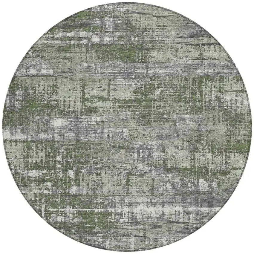 8' Olive Green And Ivory Round Geometric Washable Indoor Outdoor Area Rug Photo 3