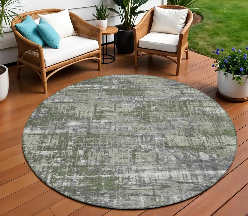 8' Olive Green And Ivory Round Geometric Washable Indoor Outdoor Area Rug Photo 2