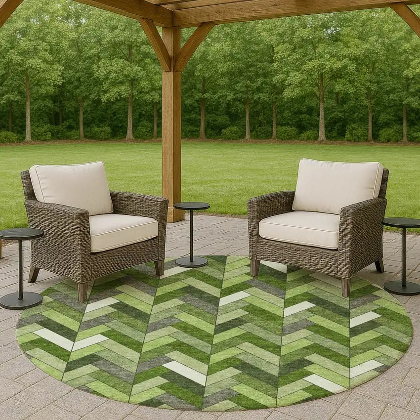 8' Olive Green And Ivory Round Geometric Washable Indoor Outdoor Area Rug Photo 8