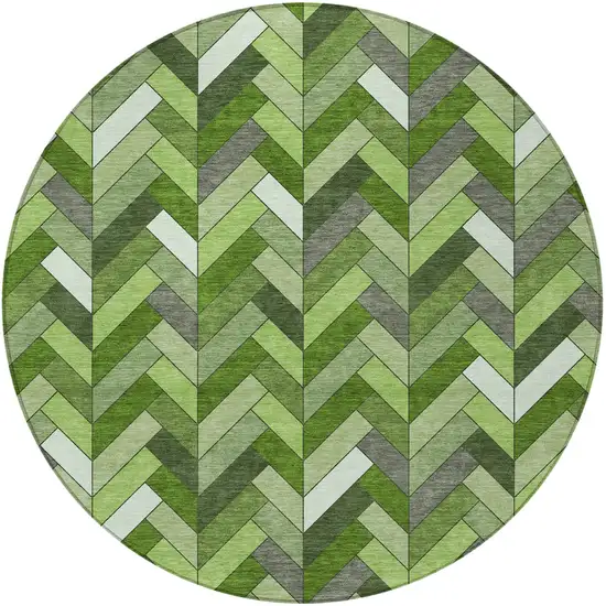 8' Olive Green And Ivory Round Geometric Washable Indoor Outdoor Area Rug Photo 5