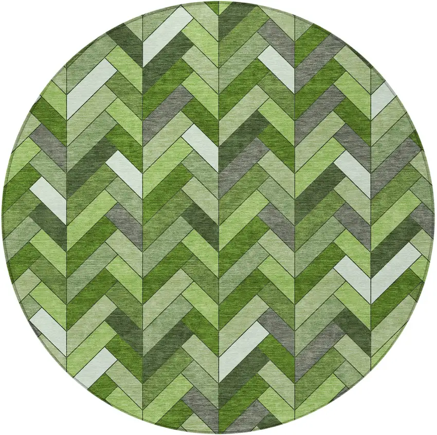 8' Olive Green And Ivory Round Geometric Washable Indoor Outdoor Area Rug Photo 5
