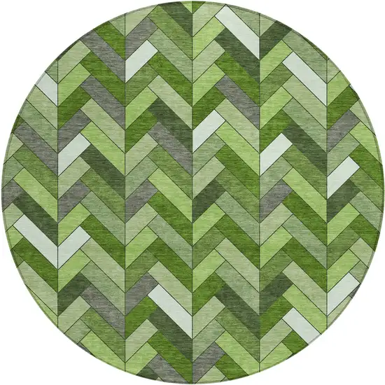 8' Olive Green And Ivory Round Geometric Washable Indoor Outdoor Area Rug Photo 2