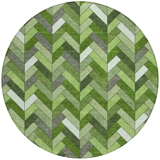 8' Olive Green And Ivory Round Geometric Washable Indoor Outdoor Area Rug Photo 4