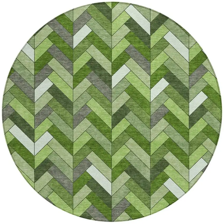 8' Olive Green And Ivory Round Geometric Washable Indoor Outdoor Area Rug Photo 4