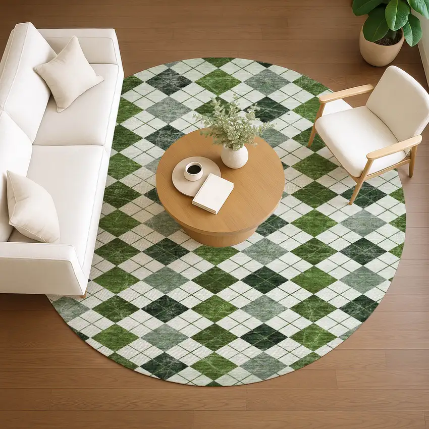 8' Olive Green And Ivory Round Geometric Washable Indoor Outdoor Area Rug Photo 7
