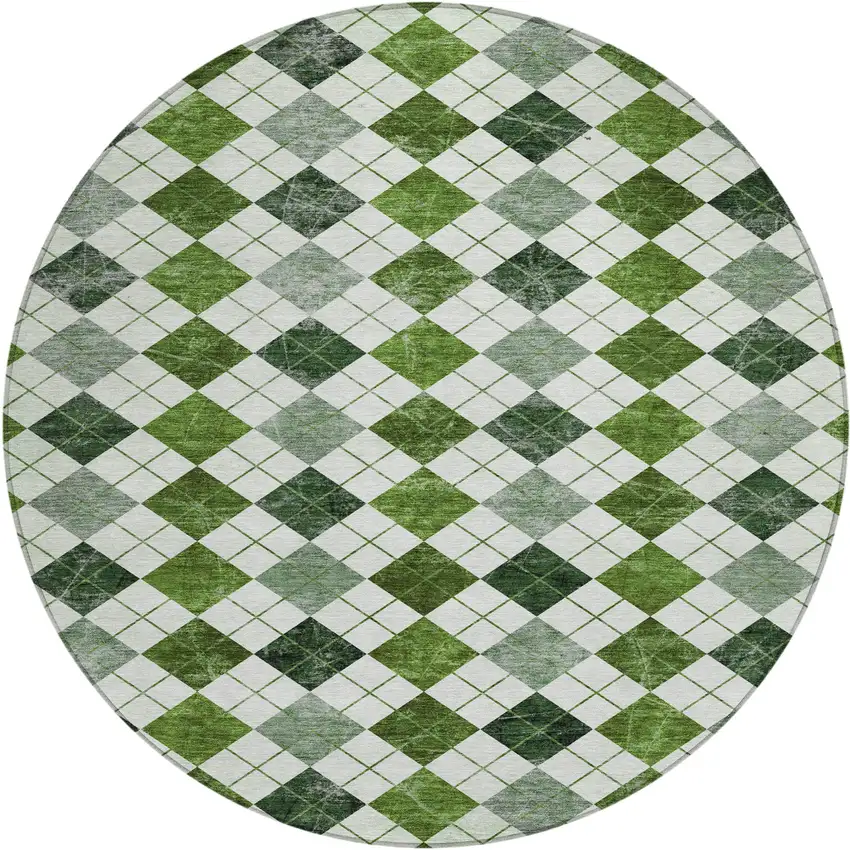 8' Olive Green And Ivory Round Geometric Washable Indoor Outdoor Area Rug Photo 2