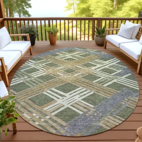 8' Olive Green And Ivory Round Geometric Washable Indoor Outdoor Area Rug Photo 4