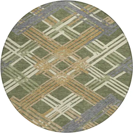 8' Olive Green And Ivory Round Geometric Washable Indoor Outdoor Area Rug Photo 1