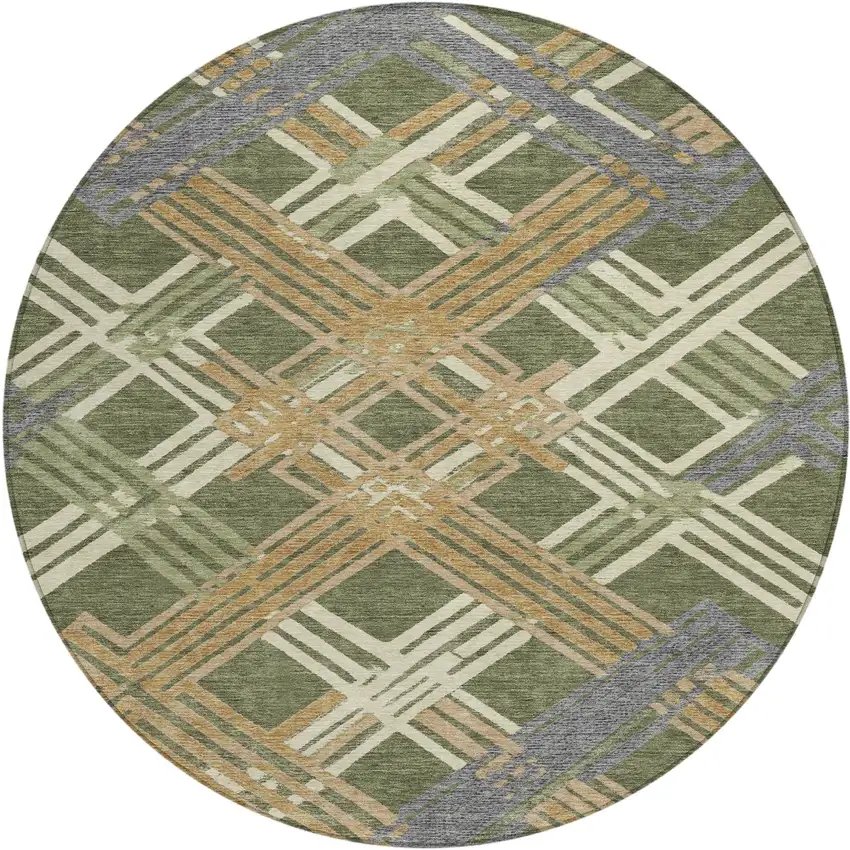 8' Olive Green And Ivory Round Geometric Washable Indoor Outdoor Area Rug Photo 1