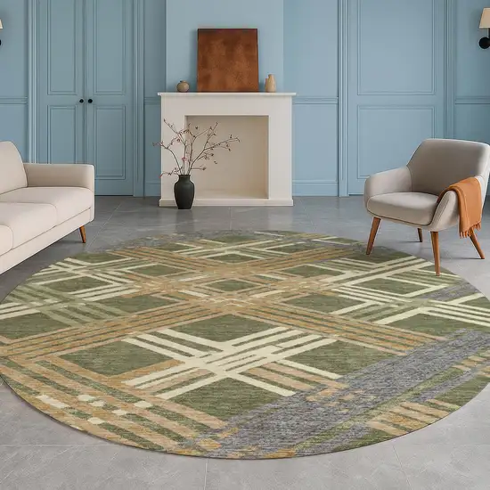 8' Olive Green And Ivory Round Geometric Washable Indoor Outdoor Area Rug Photo 5