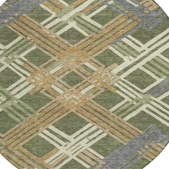 8' Olive Green And Ivory Round Geometric Washable Indoor Outdoor Area Rug Photo 3