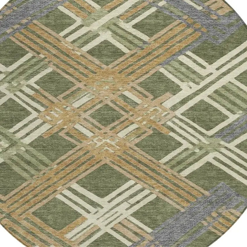 8' Olive Green And Ivory Round Geometric Washable Indoor Outdoor Area Rug Photo 3