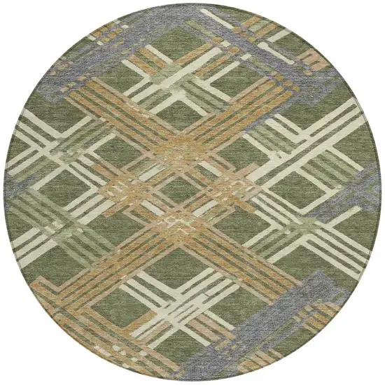 8' Olive Green And Ivory Round Geometric Washable Indoor Outdoor Area Rug Photo 2