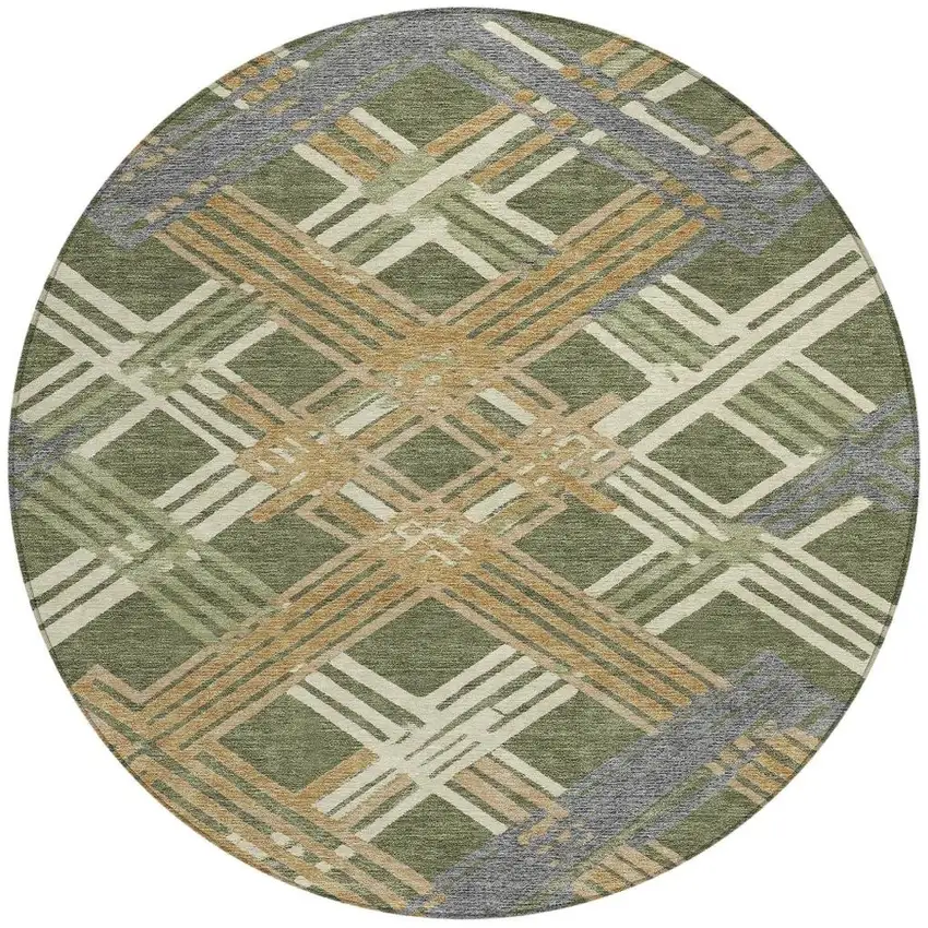 8' Olive Green And Ivory Round Geometric Washable Indoor Outdoor Area Rug Photo 2