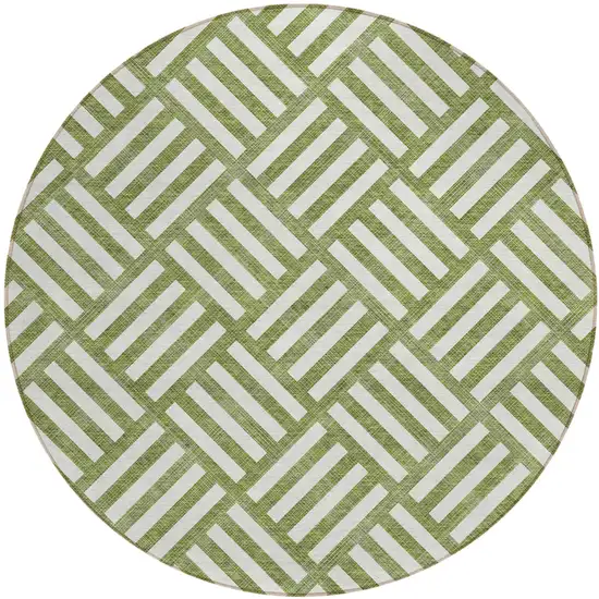 8' Olive Green And Ivory Round Geometric Washable Indoor Outdoor Area Rug Photo 2