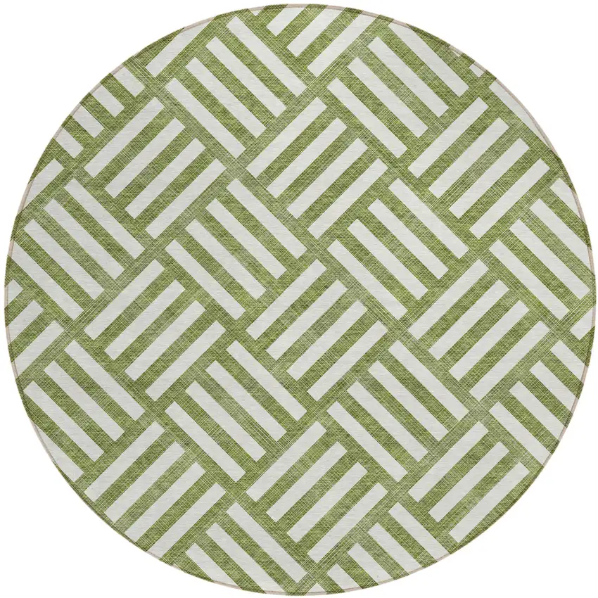 8' Olive Green And Ivory Round Geometric Washable Indoor Outdoor Area Rug Photo 2