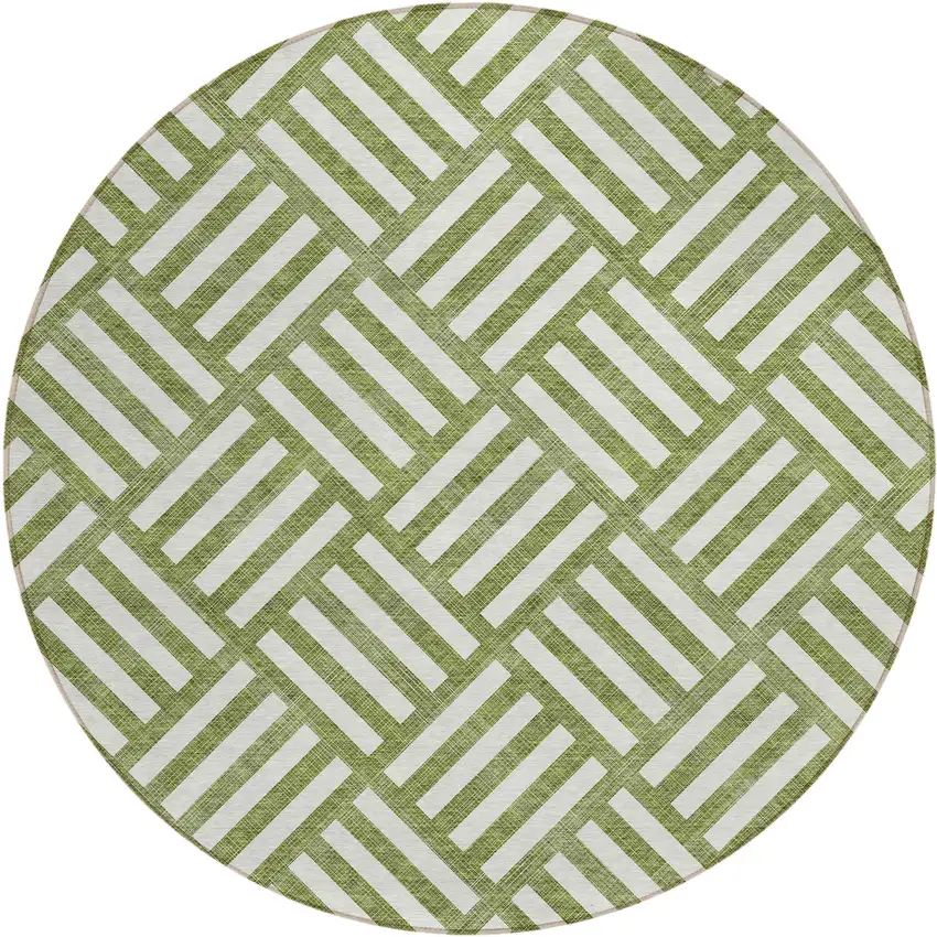 8' Olive Green And Ivory Round Geometric Washable Indoor Outdoor Area Rug Photo 2