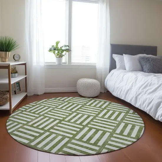 8' Olive Green And Ivory Round Geometric Washable Indoor Outdoor Area Rug Photo 7