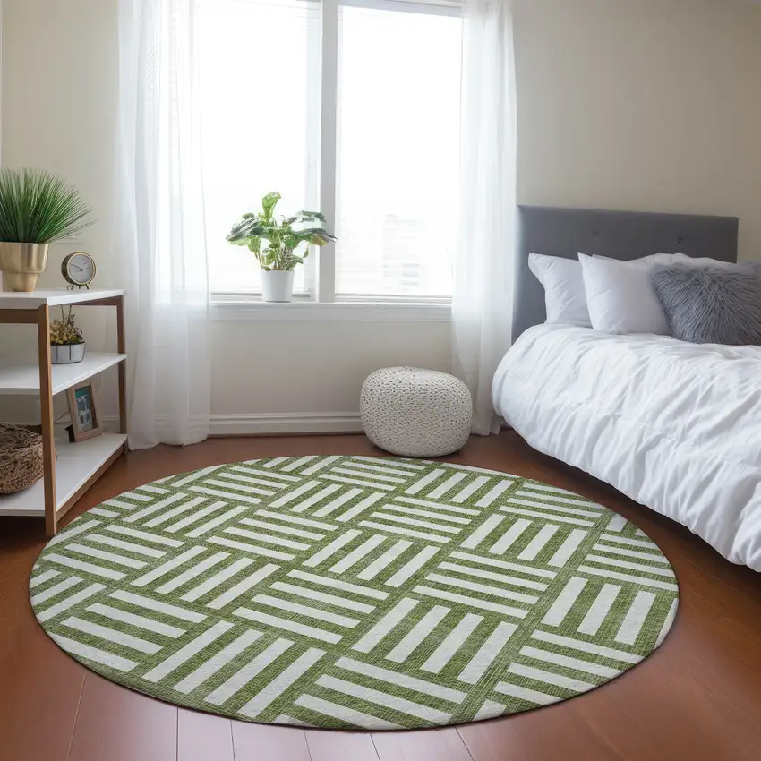 8' Olive Green And Ivory Round Geometric Washable Indoor Outdoor Area Rug Photo 7