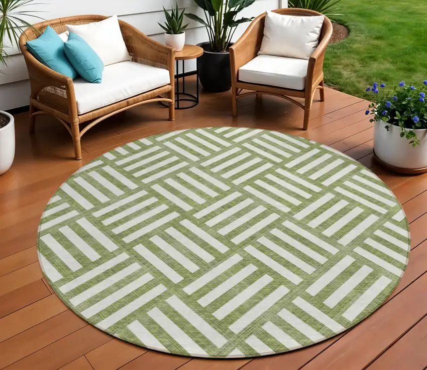 8' Olive Green And Ivory Round Geometric Washable Indoor Outdoor Area Rug Photo 1