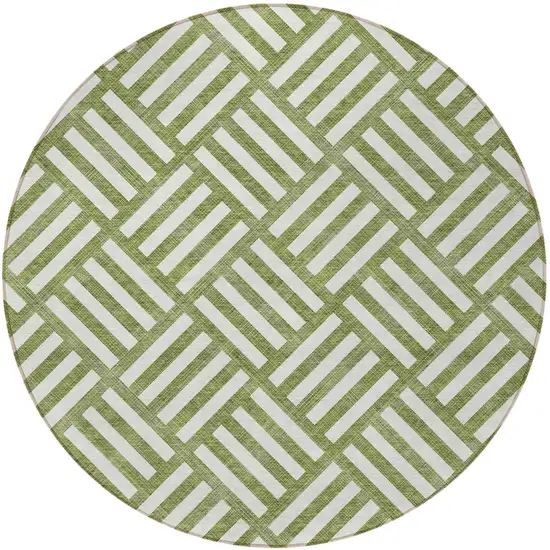 8' Olive Green And Ivory Round Geometric Washable Indoor Outdoor Area Rug Photo 5