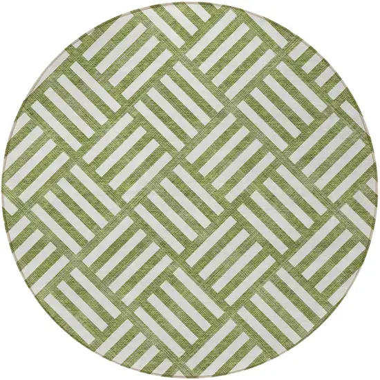 8' Olive Green And Ivory Round Geometric Washable Indoor Outdoor Area Rug Photo 5