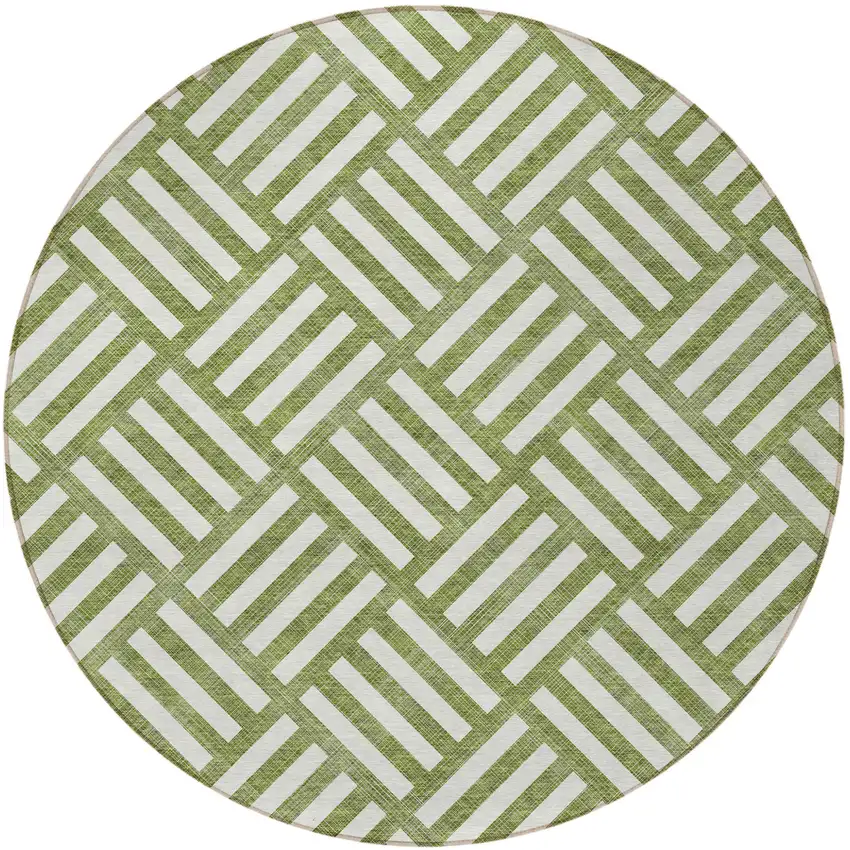 8' Olive Green And Ivory Round Geometric Washable Indoor Outdoor Area Rug Photo 5