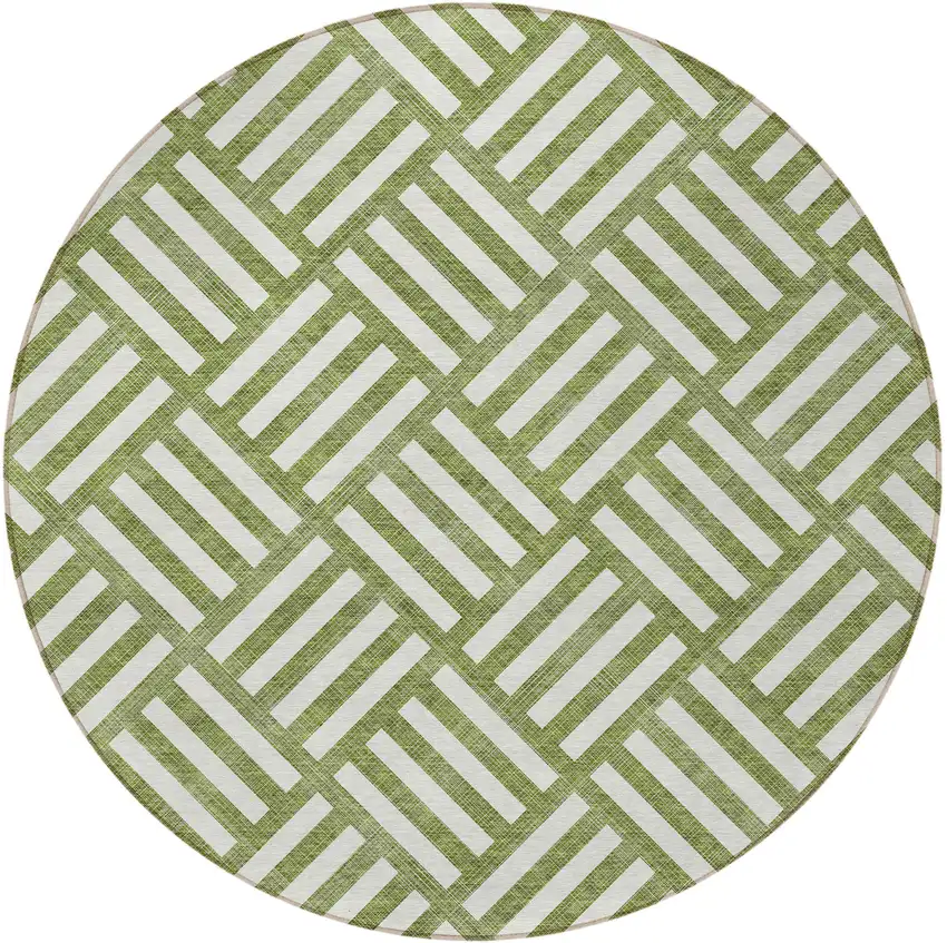 8' Olive Green And Ivory Round Geometric Washable Indoor Outdoor Area Rug Photo 5