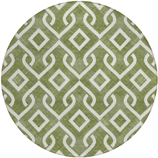 8' Olive Green And Ivory Round Geometric Washable Indoor Outdoor Area Rug Photo 2