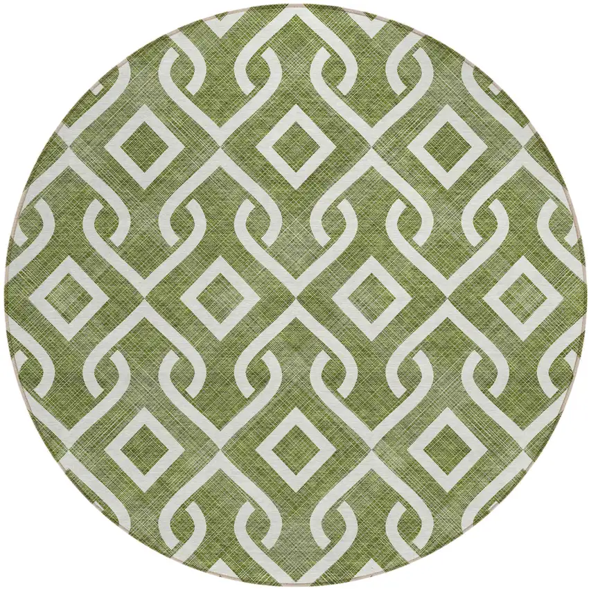 8' Olive Green And Ivory Round Geometric Washable Indoor Outdoor Area Rug Photo 2