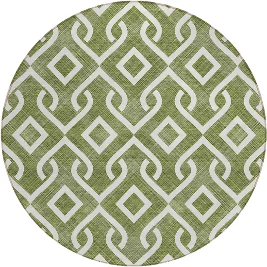 8' Olive Green And Ivory Round Geometric Washable Indoor Outdoor Area Rug Photo 2