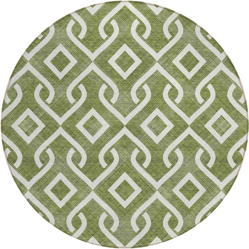 8' Olive Green And Ivory Round Geometric Washable Indoor Outdoor Area Rug Photo 2