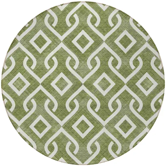 8' Olive Green And Ivory Round Geometric Washable Indoor Outdoor Area Rug Photo 5