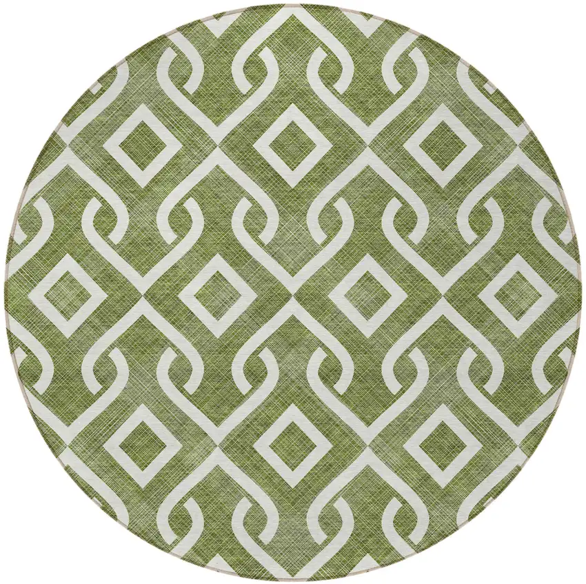 8' Olive Green And Ivory Round Geometric Washable Indoor Outdoor Area Rug Photo 5