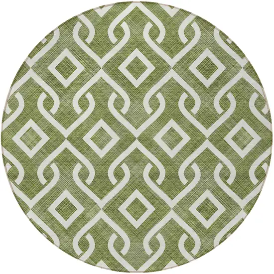 8' Olive Green And Ivory Round Geometric Washable Indoor Outdoor Area Rug Photo 5
