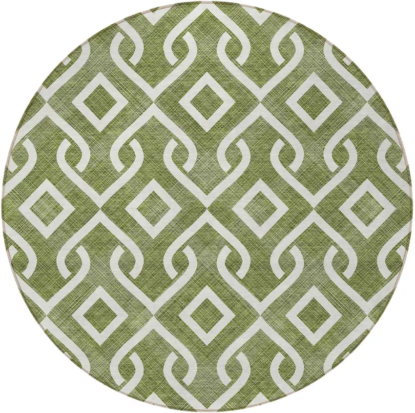 8' Olive Green And Ivory Round Geometric Washable Indoor Outdoor Area Rug Photo 5