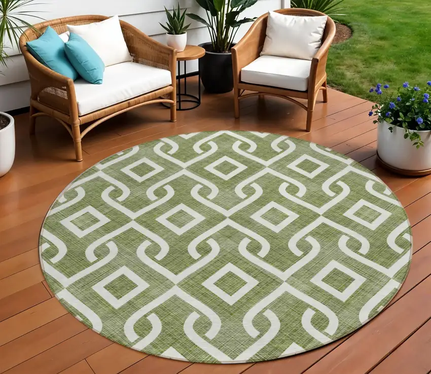 8' Olive Green And Ivory Round Geometric Washable Indoor Outdoor Area Rug Photo 1