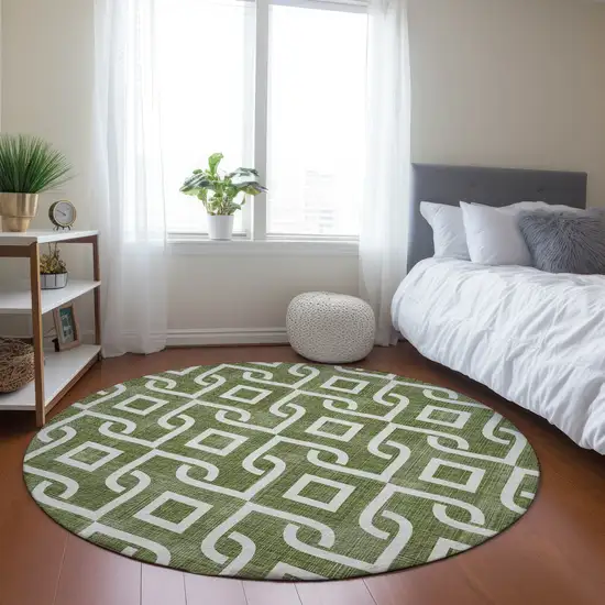 8' Olive Green And Ivory Round Geometric Washable Indoor Outdoor Area Rug Photo 7
