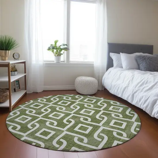 8' Olive Green And Ivory Round Geometric Washable Indoor Outdoor Area Rug Photo 7
